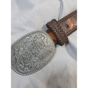 Vintage 1990 National Finals Rodeo Hesston Belt Buckle & Custom Leather Belt 42